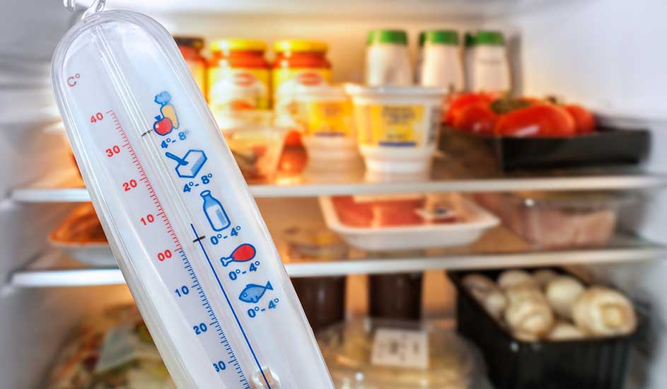 In een koelkast hangt een thermometer voor het meten van de temperatuur, met op de planken groenten, champignons, vlees, yoghurt en sauzen.