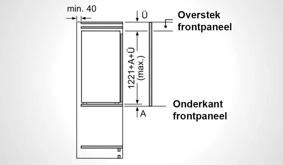 Technische tekening van een koelkast met twee deuren, toont afmetingen en een minimale afstand van 40 mm aan de zijkant. Merk is onbekend.