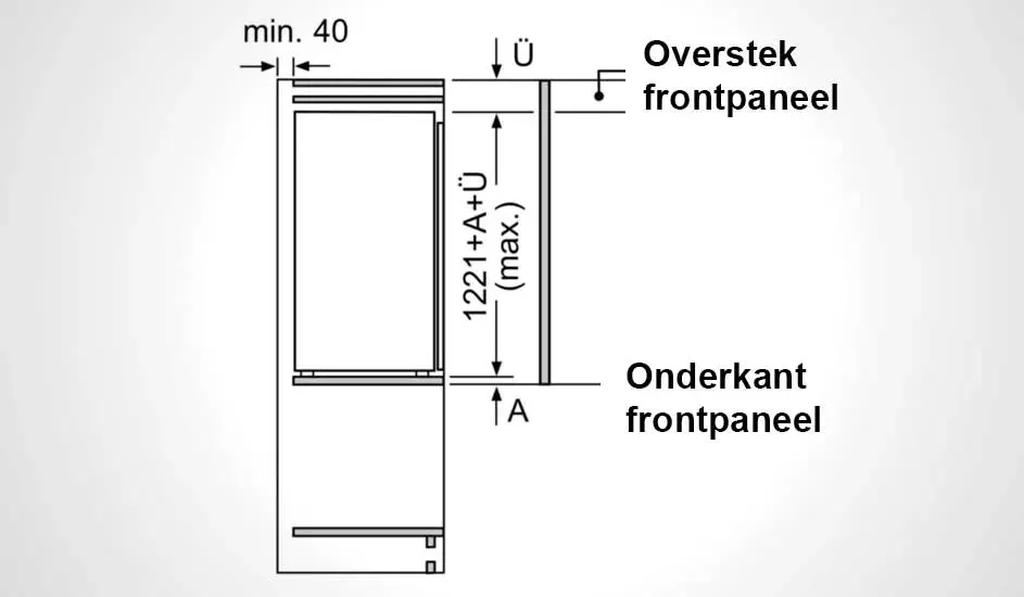 Technische tekening van een koelkast met twee deuren, toont afmetingen en een minimale afstand van 40 mm aan de zijkant. Merk is onbekend.
