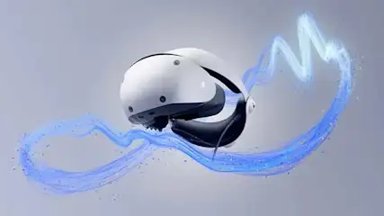 Een witte VR-headset met zwarte details, omgeven door blauwe lichtgolven tegen een lichte achtergrond.