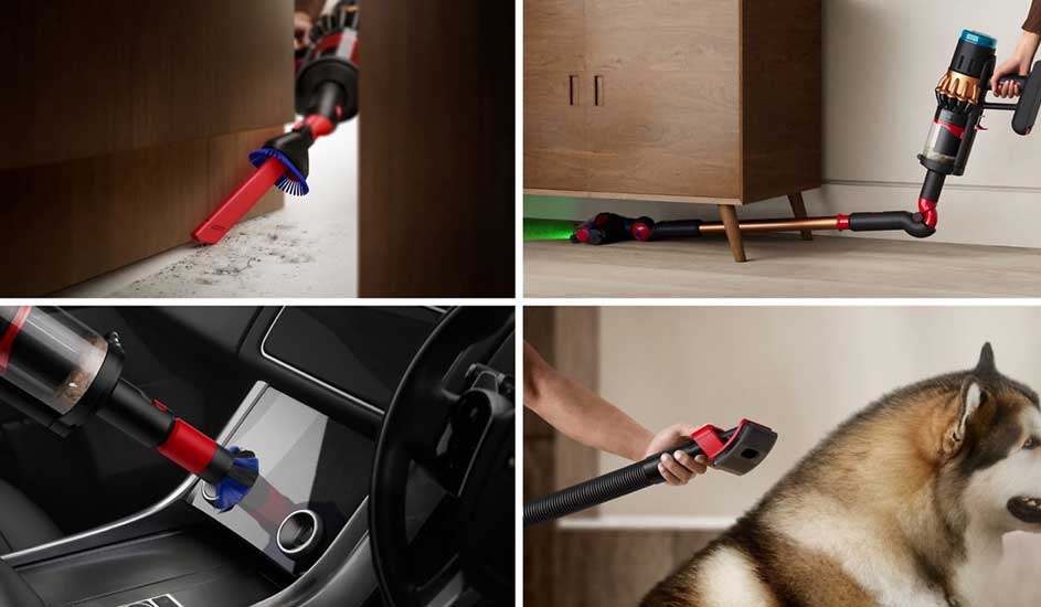 A flexible cordless vacuum cleans under furniture, details the car interior and gently brushes loose fur from a large dog.