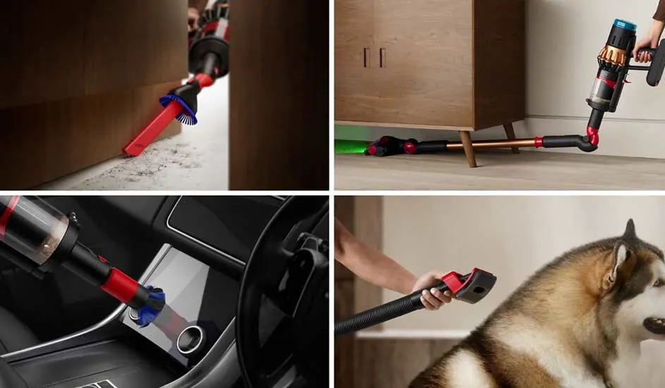 A flexible cordless vacuum cleans under furniture, details the car interior and gently brushes loose fur from a large dog.
