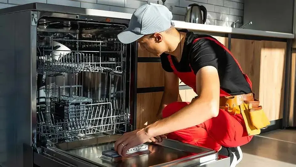 Een monteur in rood werkpak en gereedschapsgordel installeert of repareert een open vaatwasser in een moderne keuken met houten kasten.