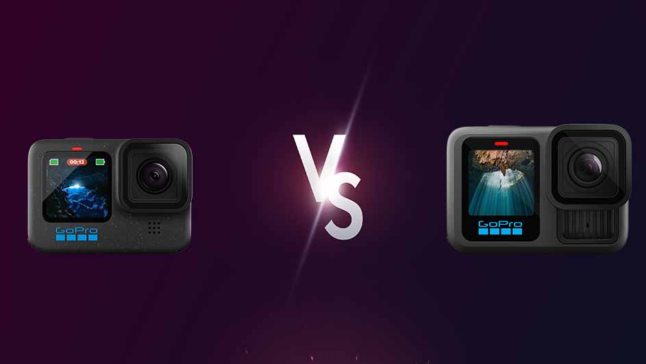 Twee GoPro camera's staan tegenover elkaar met een witte "VS" in het midden, op een paarse achtergrond.