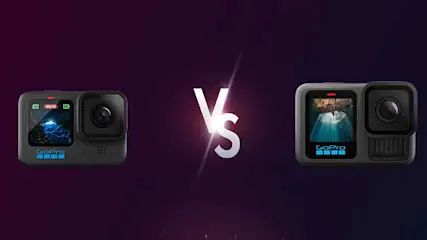 Twee GoPro camera's staan tegenover elkaar met een witte "VS" in het midden, op een paarse achtergrond.