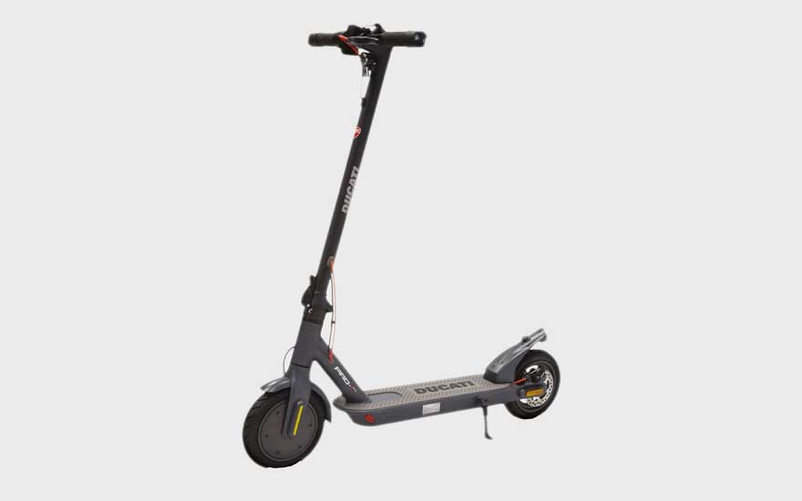 A sporty black Ducati electric scooter with thick tyres and a sturdy rear, ideal for fast and eco-friendly city commuting.