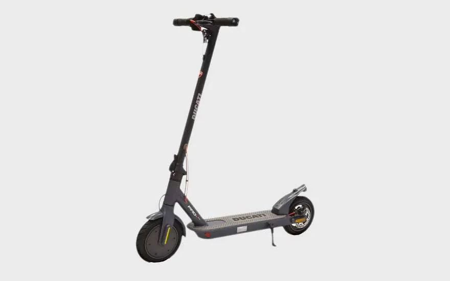 A sporty black Ducati electric scooter with thick tyres and a sturdy rear, ideal for fast and eco-friendly city commuting.