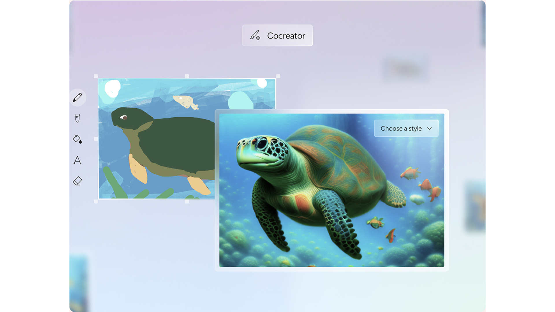 Een digitaal scherm toont een schildpad in water, met menu-opties en tekenhulpmiddelen aan de zijkant.