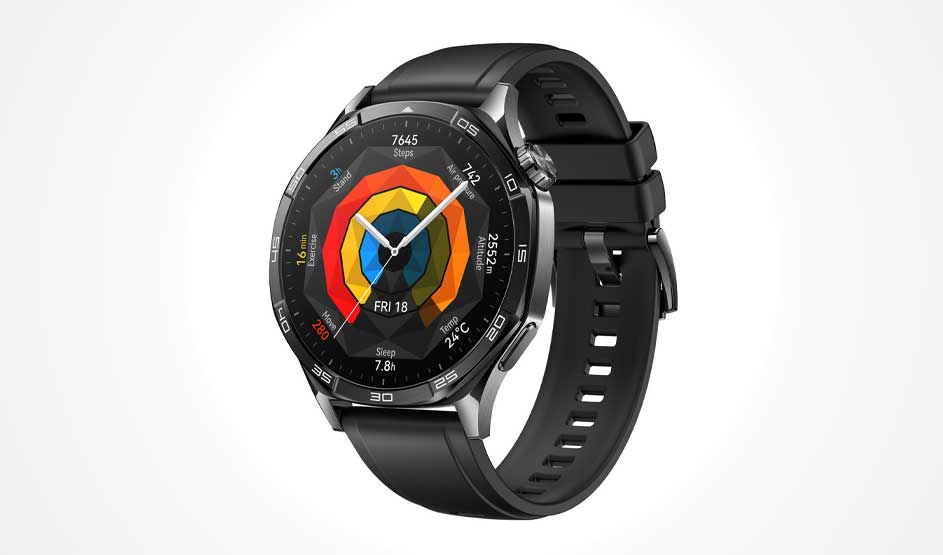 Black smartwatch with colorful circular activity rings display and black rubber strap on light grey background.
