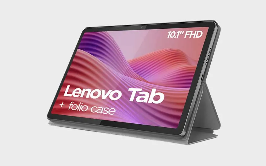 A Lenovo tablet with a 10.1-inch FHD display is presented at an angle in a grey folio case against a light background.