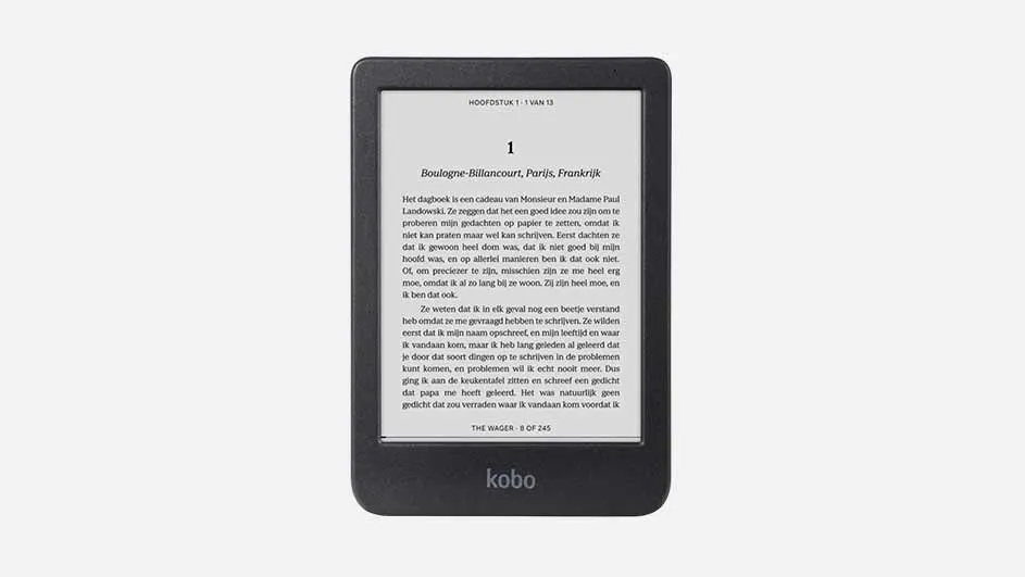 Een zwarte Kobo e-reader toont een pagina met Nederlandse tekst op een witte achtergrond, met het Kobo-logo onderaan.