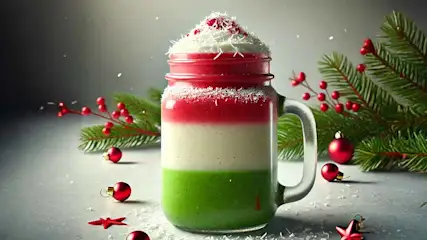 Een glazen mok met groene, witte en rode lagen, afgetopt met room en decoratie. Op de achtergrond kerstversiering.