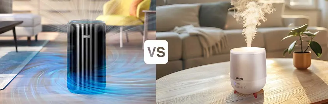 Links staat een Philips luchtreiniger met blauwe luchtstromen, rechts een compacte witte luchtbevochtiger die zichtbaar stoom uitblaast.