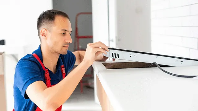 Een man in blauw shirt met rode schort installeert een wit fornuis tegen een witte muur met tegels in een keuken.