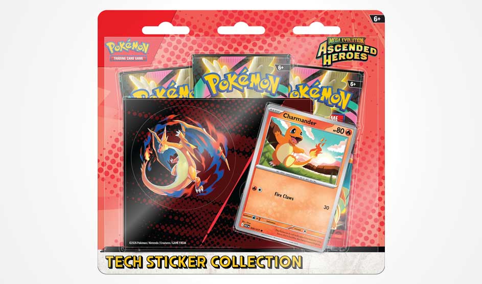Pokémon Mega Evolution Ascended Heroes Tech Sticker Collection pack with Charmander card and three booster packs on red background