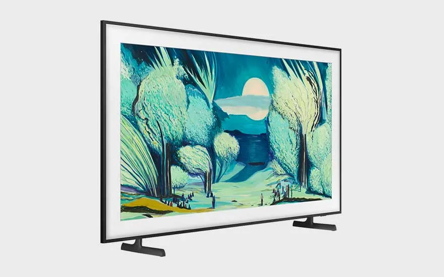 Samsung TV on a stand resembles a painting, showing artwork. Its slim white frame suits a contemporary interior perfectly.