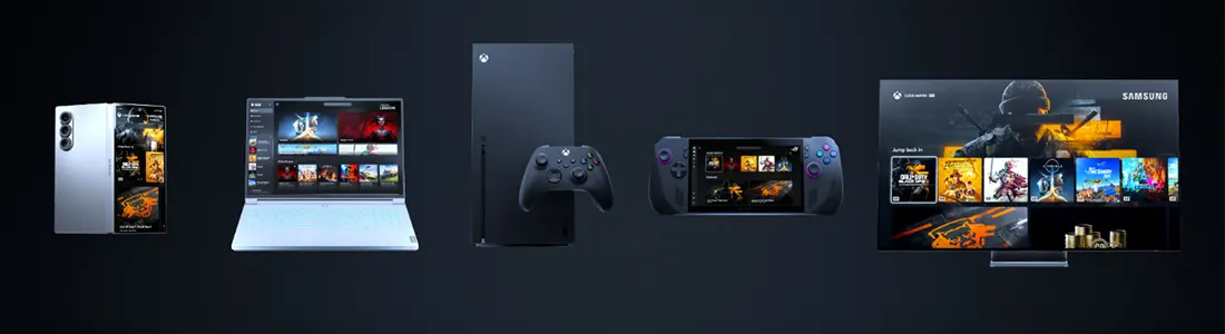 Een reeks apparaten geschikt voor gaming, waaronder een smartphone, een laptop, een Xbox-console met controller, een handheld gaming-apparaat en een televisie met een Xbox-interface. De achtergrond is donker en benadrukt de apparaten.