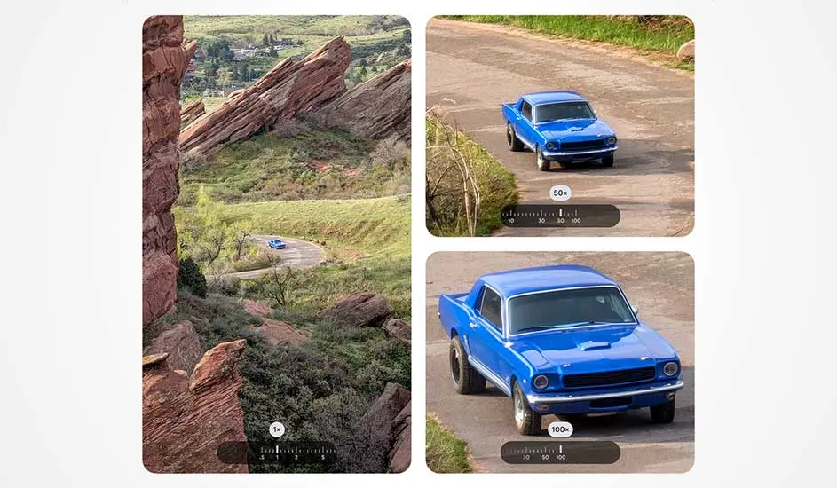 Op de afbeelding zie je een blauwe Ford Mustang, gefotografeerd met verschillende zoomniveaus op een Samsung smartphone, van ver tot dichtbij.