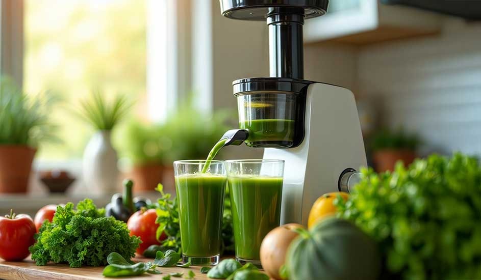 White juicer pours vivid green juice into two glasses on a wooden counter, surrounded by fresh leafy greens and colourful vegetables.