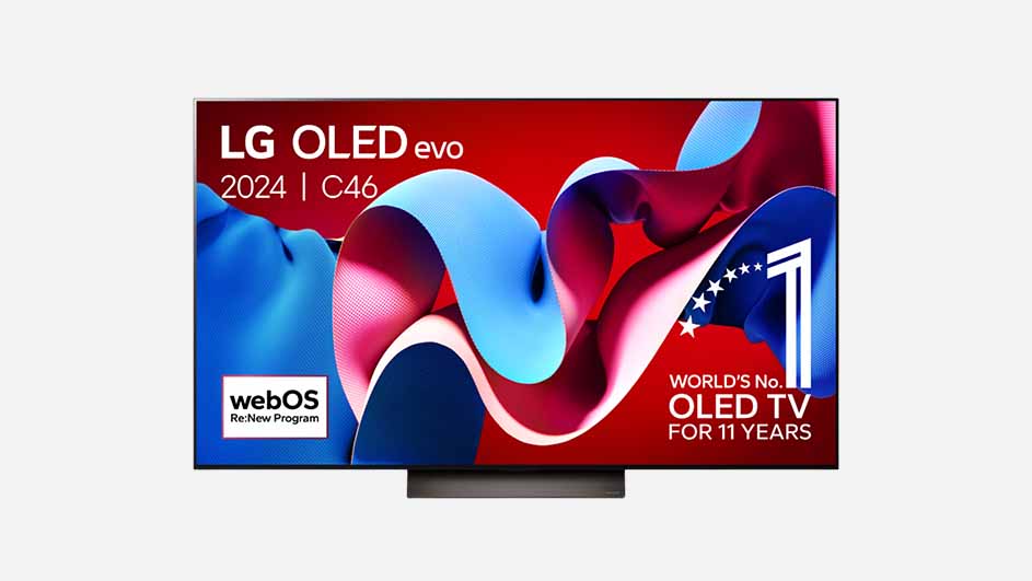 LG OLED-televisie met een rood en blauw abstract wervelpatroon op het scherm, vooraanzicht.