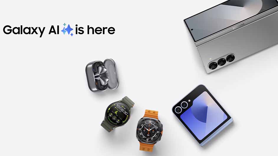 Galaxy AI-promotie toont een zilveren telefoon, oordopjes in een houder, en twee horloges op een witte achtergrond.