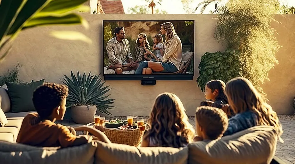 Outdoor setup shows a group watching a TV mounted on a wall, with drinks and snacks on a table. Plants decorate the area.
