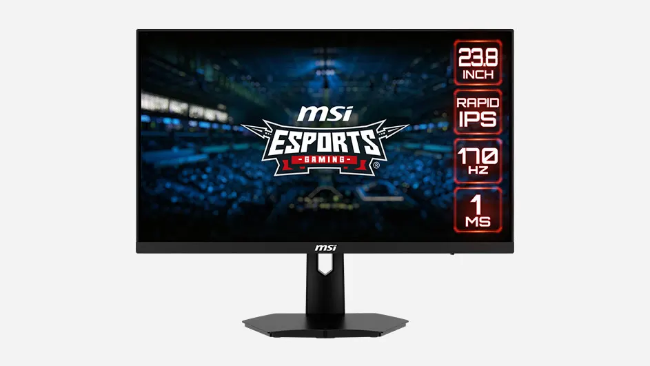 Zwarte MSI gaming monitor met een scherm van 23,8 inch, Rapid IPS, 170Hz, 1ms reactietijd, met MSI logo op de standaard en scherm.