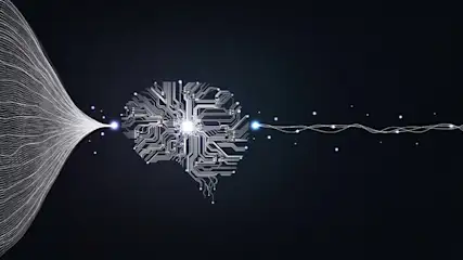 Witte lijnen vormen een brein op een zwarte achtergrond. Een bundel lijnen komt van links en een enkele lijn gaat naar rechts.
