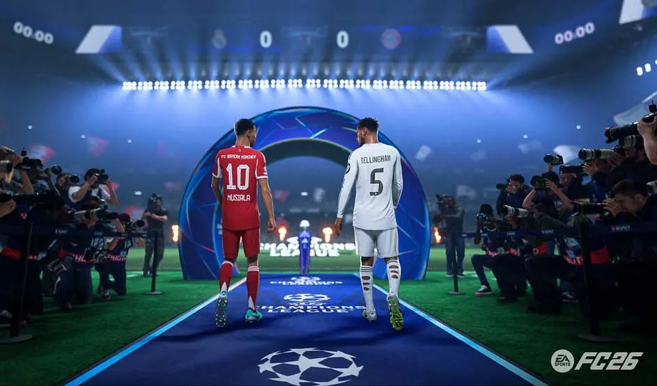 Twee voetballers in rode en witte tenues lopen het veld op voor een Champions League wedstrijd in EA FC26 videogame.