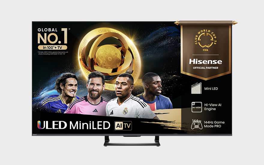 Hisense ULED MiniLED TV featuring four famous footballers, FIFA Club World Cup branding and advanced television technologies.