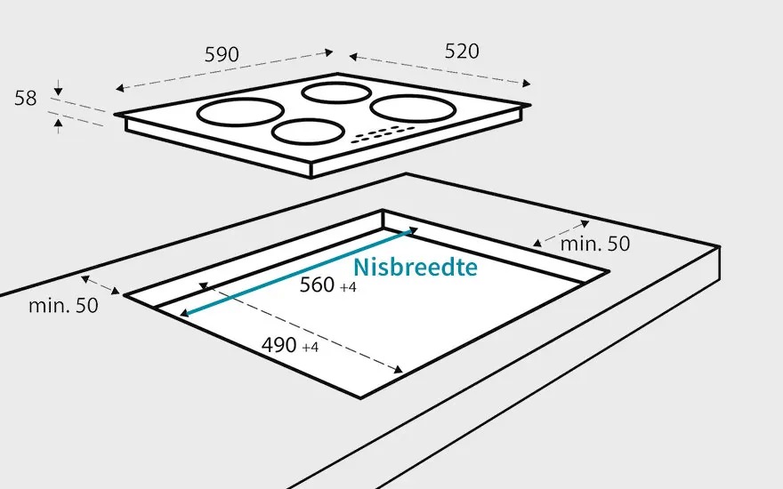 Schema toont inbouwmaten voor een kookplaat: plaat 590x520 mm, uitsparing 560x490 mm, hoogte 58 mm en rondom minimaal 50 mm speling.