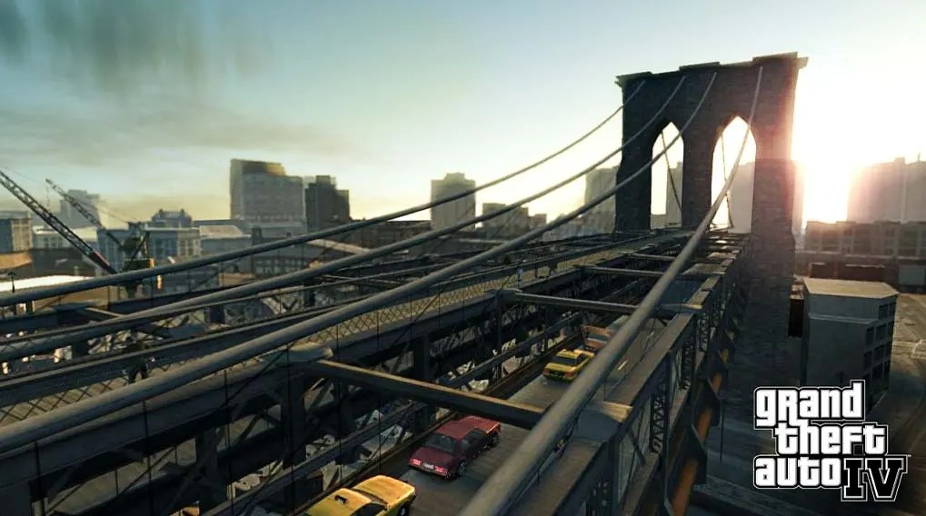 Massive suspension bridge packed with traffic at sunset, city skyscrapers in the distance and detailed steel cables.