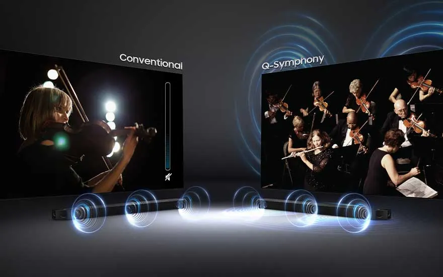 Het geluidsverschil tussen conventionele en Q-Symphony-tv’s wordt getoond met muzikanten en blauwe geluidsgolven.