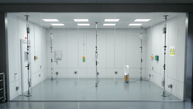 Een grijze kamer met witte wanden en apparatuur. Er hangen staanders aan het plafond met kabels naar de vloer.