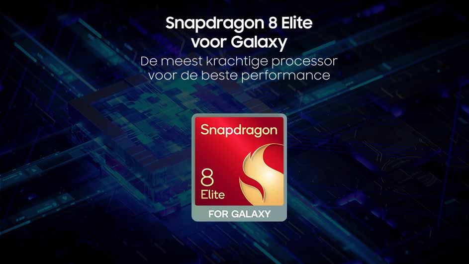 Een advertentie voor de Snapdragon 8 Elite voor Galaxy, met een rood logo met gouden elementen op een blauwe achtergrond.