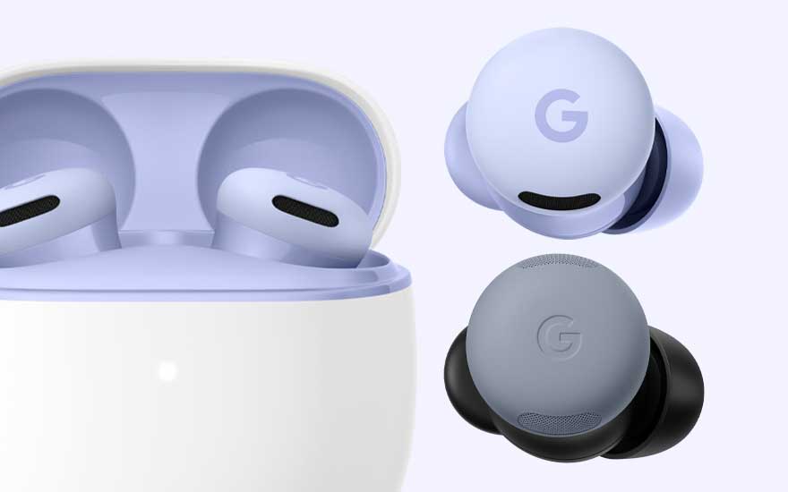 Close-up van Pixel Buds oortjes in hun oplaadcase en in losse weergave, met zichtbaar Google logo op de ronde buitenkant.