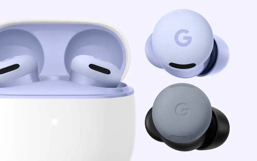 Close-up van Pixel Buds oortjes in hun oplaadcase en in losse weergave, met zichtbaar Google logo op de ronde buitenkant.
