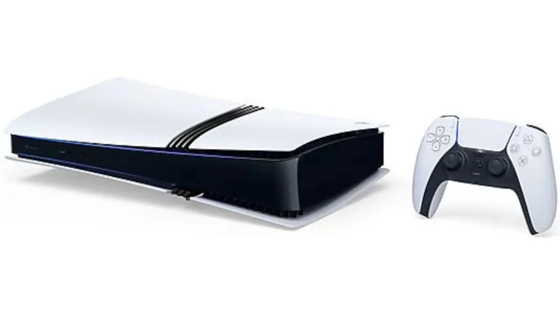 Witte PlayStation 5-console en controller op een witte achtergrond. De console heeft een zwarte kern en witte panelen.