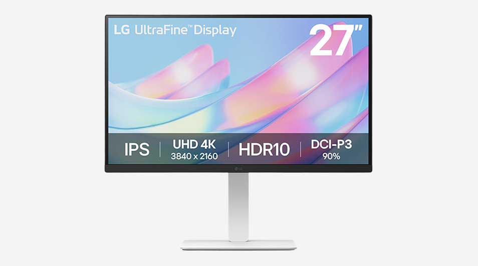 Een LG UltraFine 27-inch monitor toont een zachte, kleurrijke abstracte achtergrond met duidelijke labels voor IPS, UHD 4K, HDR10 en DCI-P3 90%.