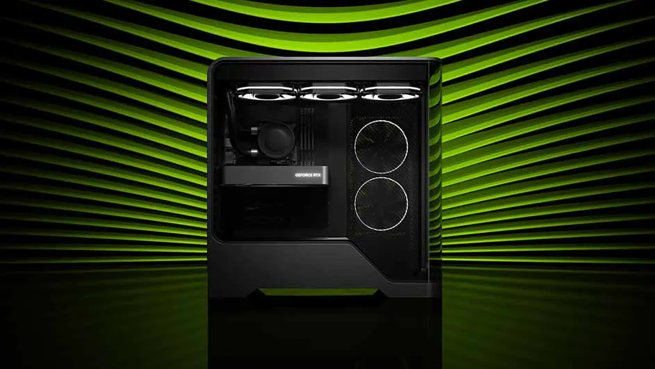Een zwarte computerbehuizing met drie witte ventilatoren staat tegen een achtergrond met groene lijnen.