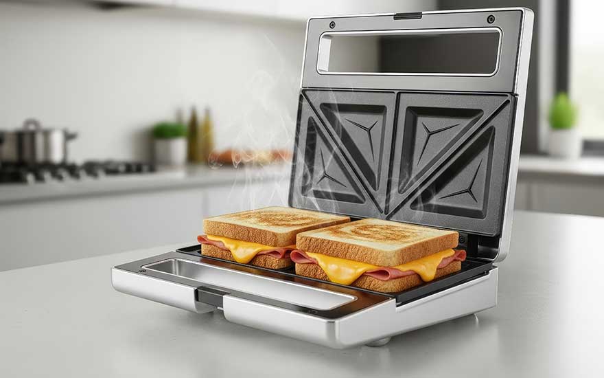 Sleek sandwich toaster in a bright kitchen, holding two steaming toasties met ham and melting cheese, pas gegrild en klaar om te serveren.