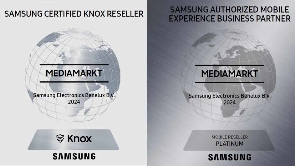 Twee logo's met een wereldbol, tekst 'Mediamarkt', 'Samsung Electronics Benelux B.V. 2024', en 'Samsung'. Links 'Knox', rechts 'Mobile Reseller Platinum'.