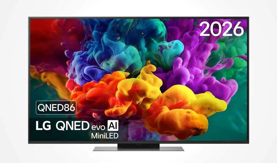 Een LG-televisie toont kleurrijke inktwolken op het scherm, met modeltekst en het jaartal 2026.