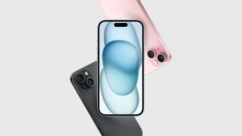 Three modern smartphones in pink and black, arranged closely with a stylish display and dual rear cameras.