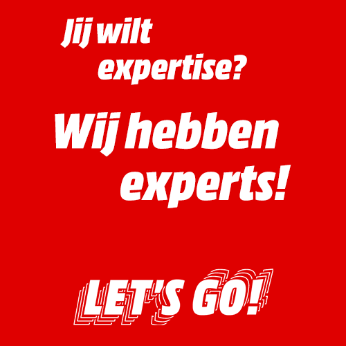 Rode achtergrond met witte tekst: "Jij wilt expertise? Wij hebben experts! LET'S GO!".