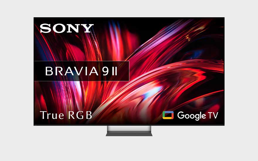 Sony BRAVIA 9 II True RGB Google TV met dynamische rode en paarse abstracte lichtstrepen op het scherm.