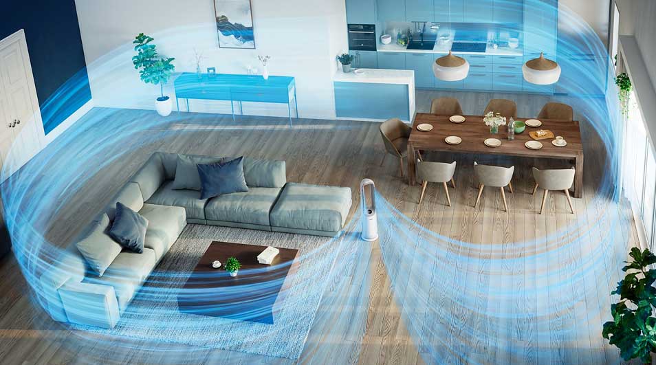 Open woonkamer met keuken, bank en eettafel, rondgewaaierd door blauwe luchtstromen van een slanke witte luchtreiniger op de vloer.