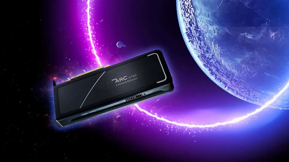 Een zwarte Intel Arc A750 Limited Edition grafische kaart zweeft voor een paarse ruimteachtergrond met een blauwe planeet.
