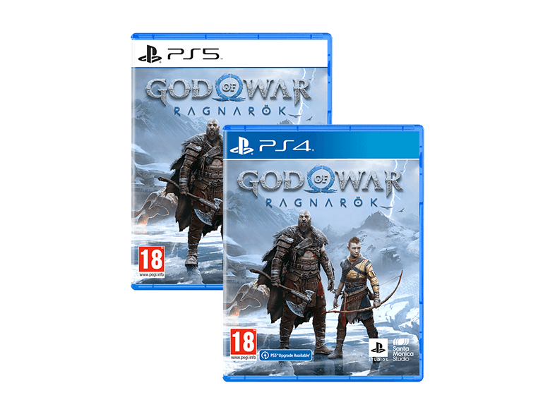 Twee blauwe gamehoesjes van 'God of War Ragnarök' voor PS5 en PS4, met figuren in winterse omgeving.