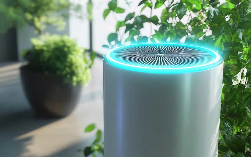 Een slanke witte luchtreiniger met lichtgevende blauwe ring staat tussen weelderige groene planten en benadrukt frisse, gezonde binnenlucht.